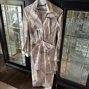 Magaschoni Cream Shirt Dress with Black Leaf Print